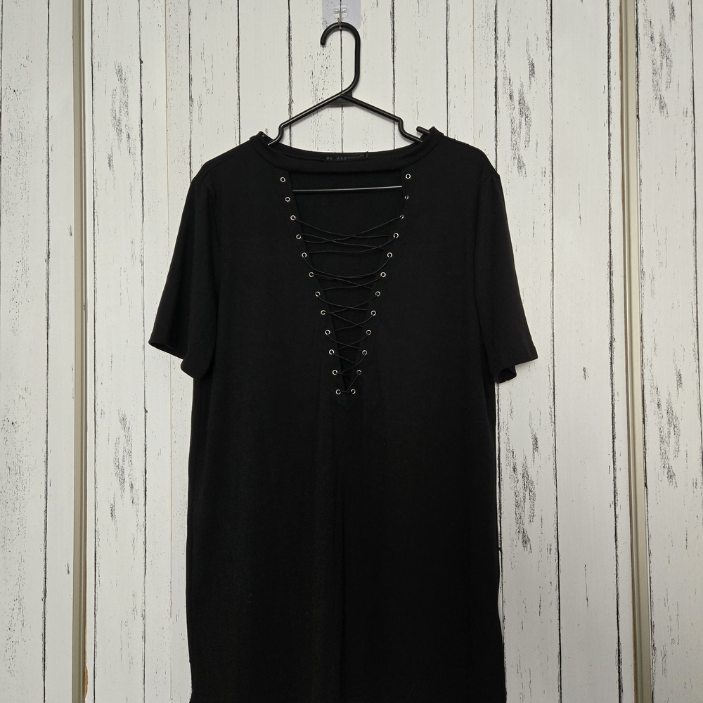 Black Lace-Up Front T-shirt Dress
